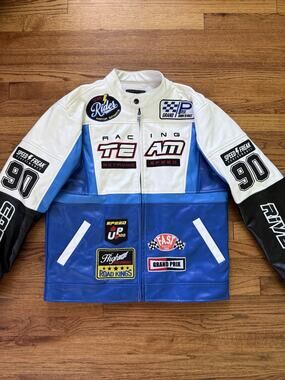 Copper Rivet Faux Leather Racing Jacket Blue White (Size L)
